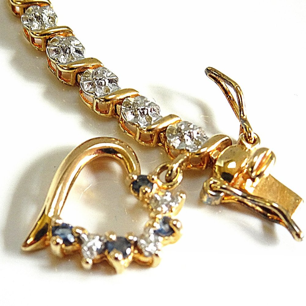 Elegant Sapphire Heart Charm Gold Overlay 9.25 Sterling Silver Bracelet